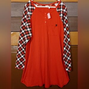 NWOT Cacique Sleep 18/20 Red With Red & Black Plaid Sleeves Nightshirt